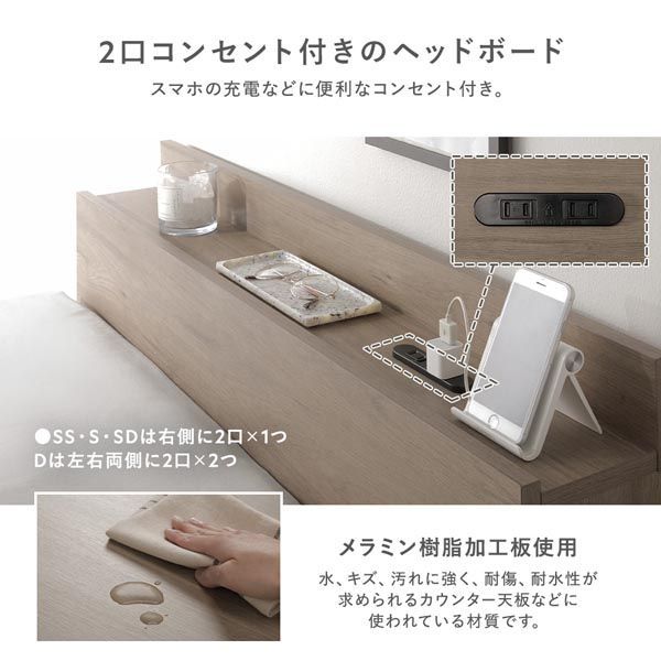 ベッド チェスト 照明宮付 ショート丈ワイドキング200 キングサイズベッド 宮付き SHS＋SHS ショート丈ワイドキング 0 ヘッドレス その他照明宮付 ショート丈ワイドキング200(SHS+SHS ｜RASIK グレー 単品 ボンネルコイル