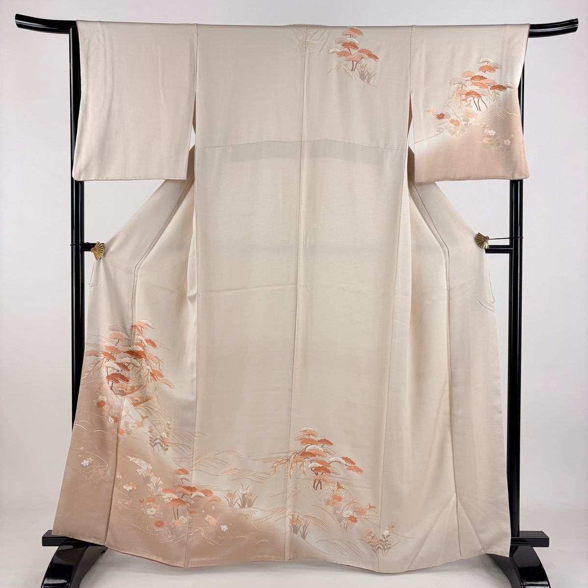 訪問着 身丈163cm 裄丈65.5cm M 袷 舟 松 金糸 金彩 薄茶色 正絹 秀品 一つ紋