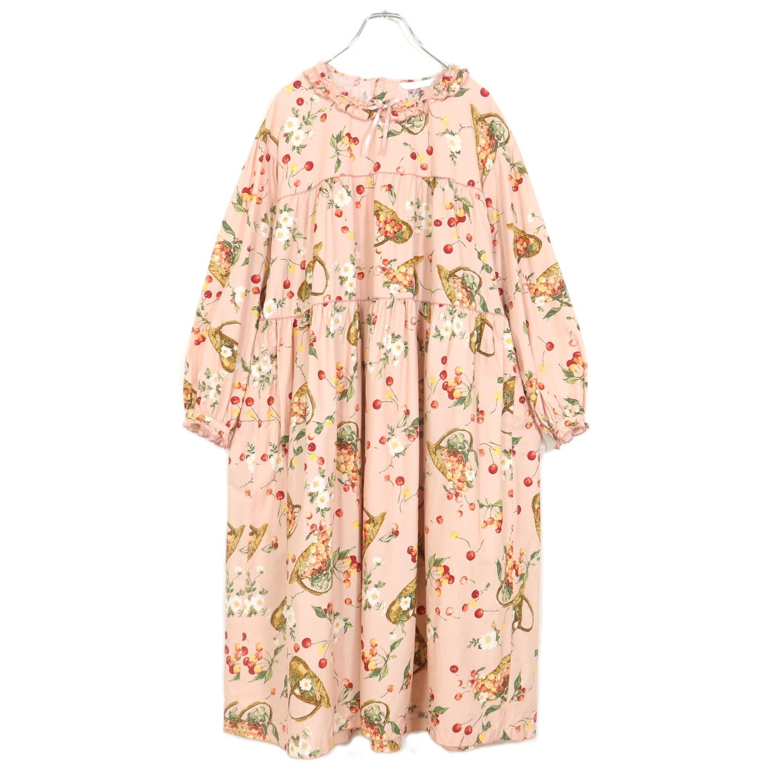 極美品✨PINKHOUSEチェリーカゴ柄ロングワンピース 半袖 ブラウン系 極美品】ピンクハウス☆2024秋カタログ掲載！野ばらとチェリー柄
