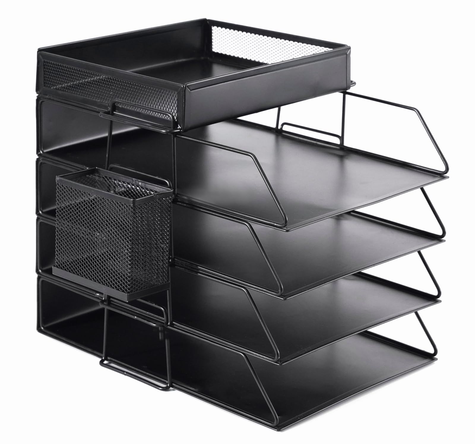 Color 黒 FIRSTCHOICE 書類トレー 5段 書類ケース 書類整理 A4 レターケース 組み立て式 ペン立て付き 卓上収納ラック 書類棚 文房具収納 新聞 雑誌 書類入れ オフィス 黒