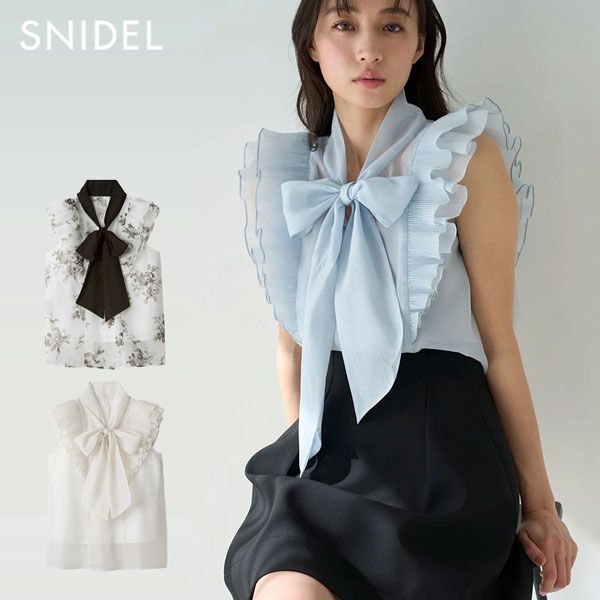 10%OFF スナイデル SNIDEL トップス 25春夏 ノースリボウタイブラウス ミドル丈 ノースリーブ シアー 透け感 swfb254030