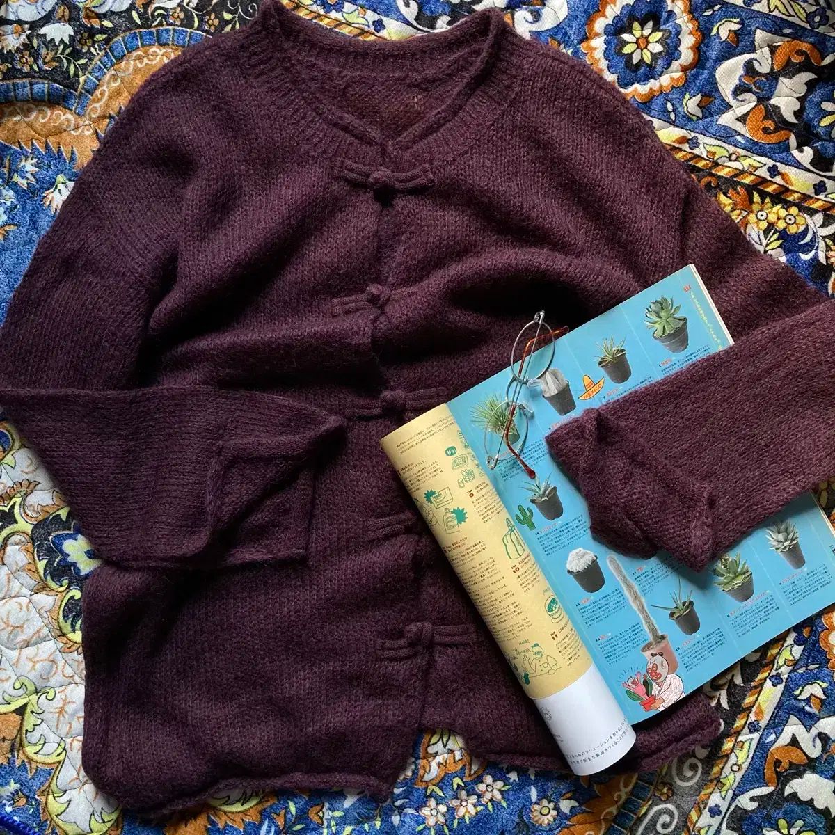 ヴィンテージ PURPLE パープル トゥー リボン結び ボタン ハイネック 袖 ディテール ニット カーディガン