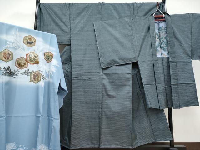 平和屋着物 上 男性 本場大島紬 アンサンブル 長襦袢セット キングサイズ 格子柄 CYAA3230s5