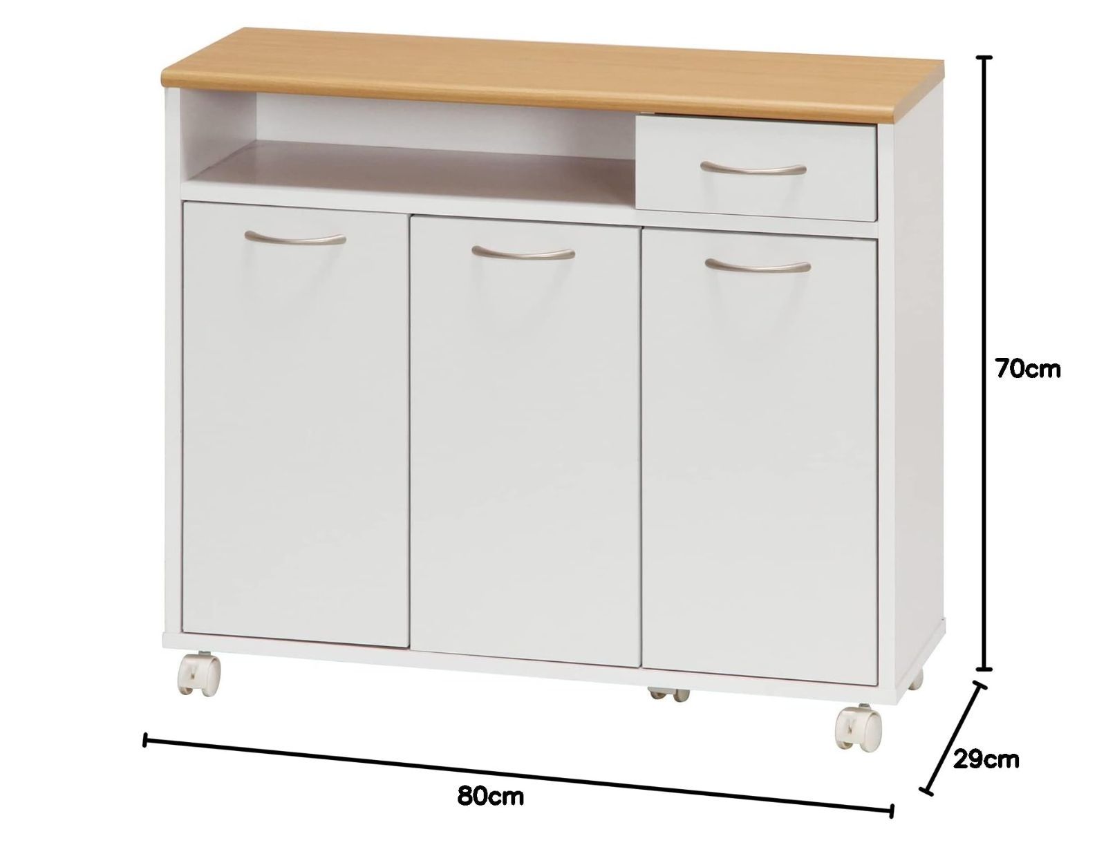 新着商品 キャスター付き 食器棚 引き出し収納 ホワイト×ナチュラル 幅80×奥行29×高さ70cm 木目調 キッチン収納 キッチンカウンター 86927 不二貿易 Fujiboeki