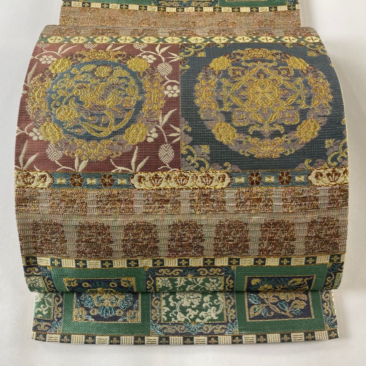 袋帯 美品 秀品 華文 鳥 金糸 箔 茶色 六通 正絹 【中古