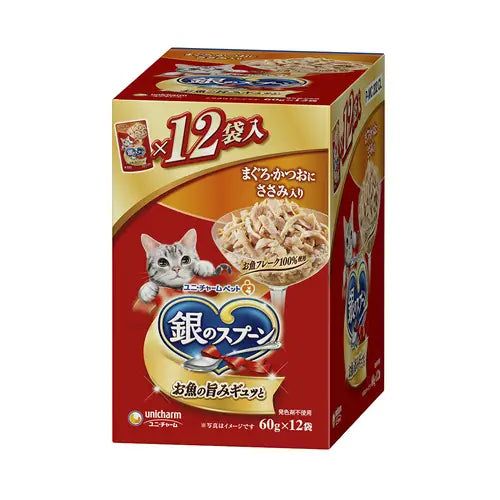 ユニ チャーム 銀のスプーン パウチ まぐろ かつおにささみ入り 60g×12袋 1ケース10箱