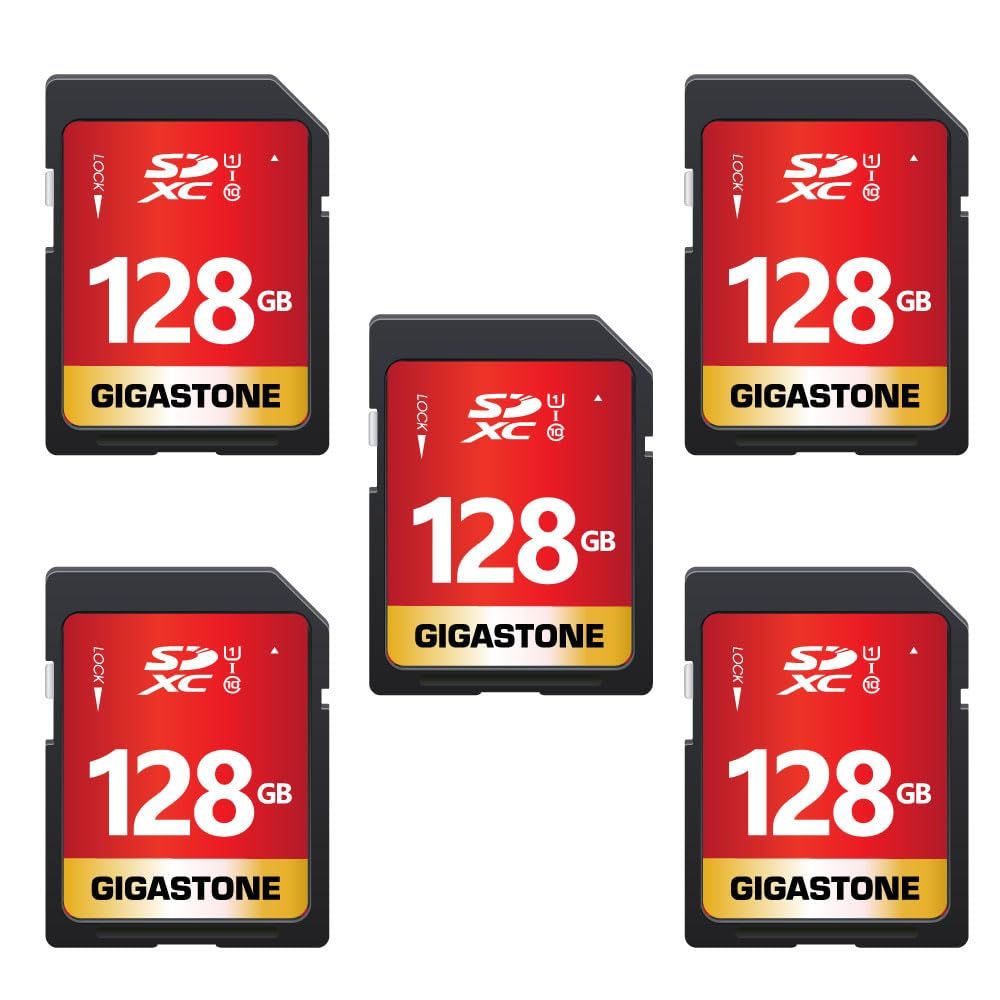 GIGASTONE 128GB SDカード 5枚セット UHS-I U1 Class 10 SDXC メモリーカード 高速 フルHD ビデオ デジタルカメラ SD card Full HD ミニケース5個付き
