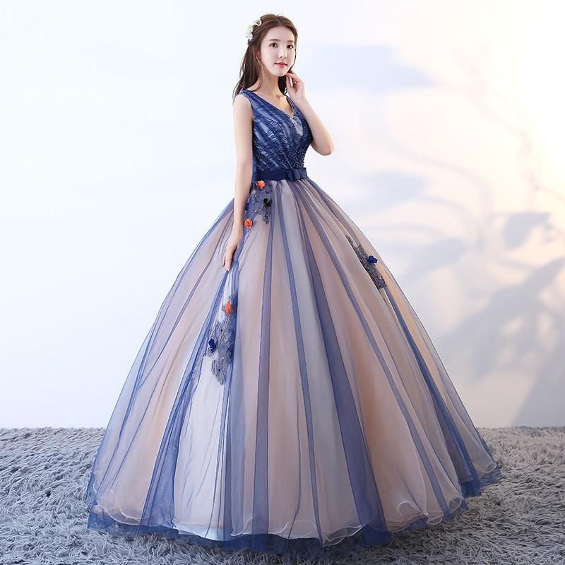 カラードレス プリンセスライン ロングドレス ブルー フリル リボン