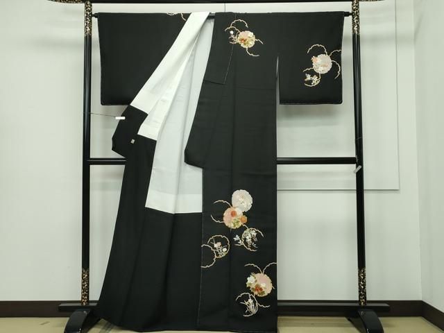 平和屋本店■極上　銀座　越後屋　訪問着　刺繍　雪輪草花文　黒地　金彩　伊と幸　反端・たとう紙付き　逸品　CZAA2213s5 平和屋本店□極上 銀座 越後屋 訪問着 刺繍 雪輪草花文 黒地 金彩 伊と