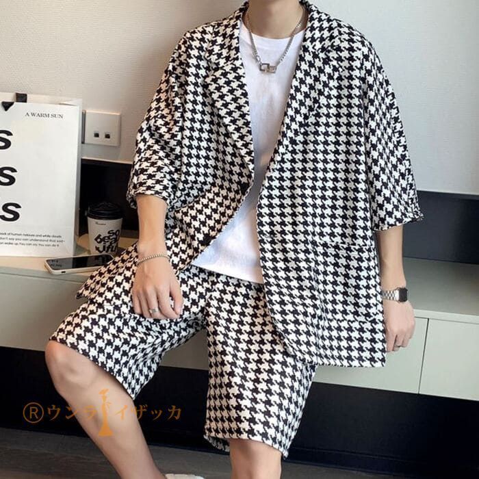 セットアップ メンズ 千鳥格子 半袖ジャケット ハーフパンツ 夏