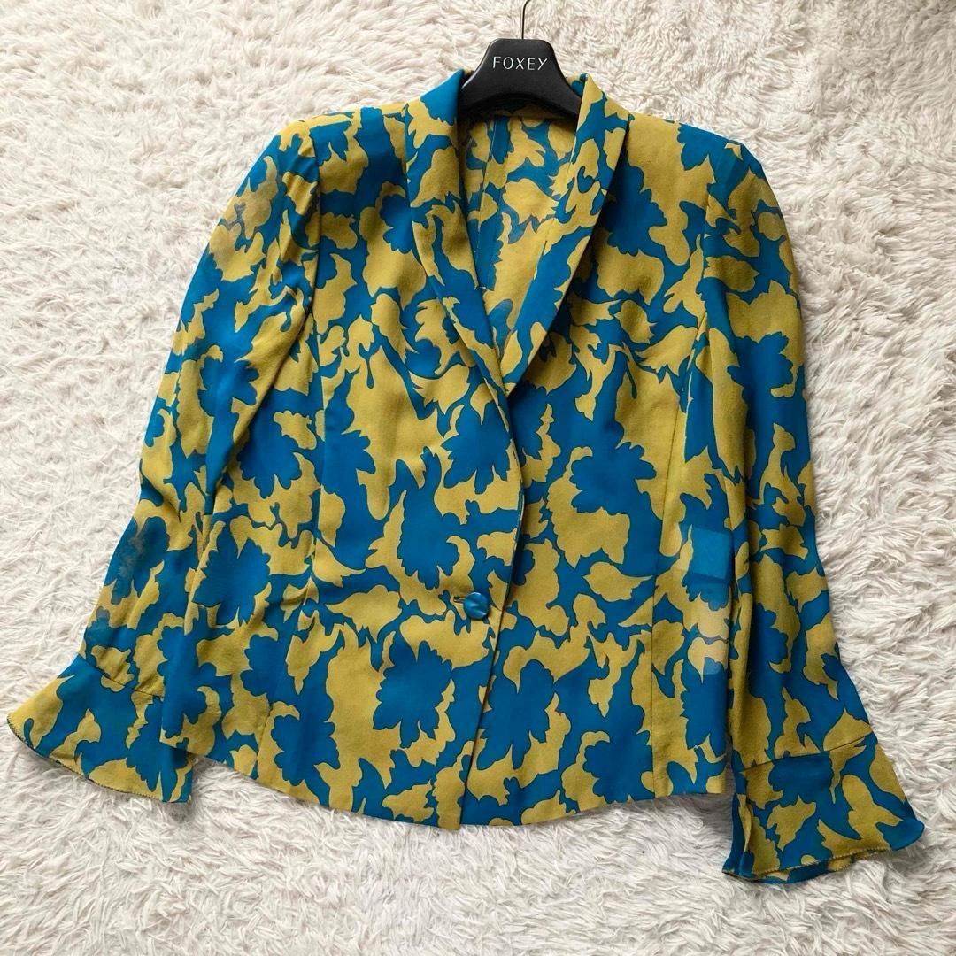 JUN ASHIDA ジュンアシダ 皇室御用達 セットアップ アンサンブル シルク 五分袖ブラウス ジャケット シアー シースルー 日本製 イエロー ブルー 9号サイズ