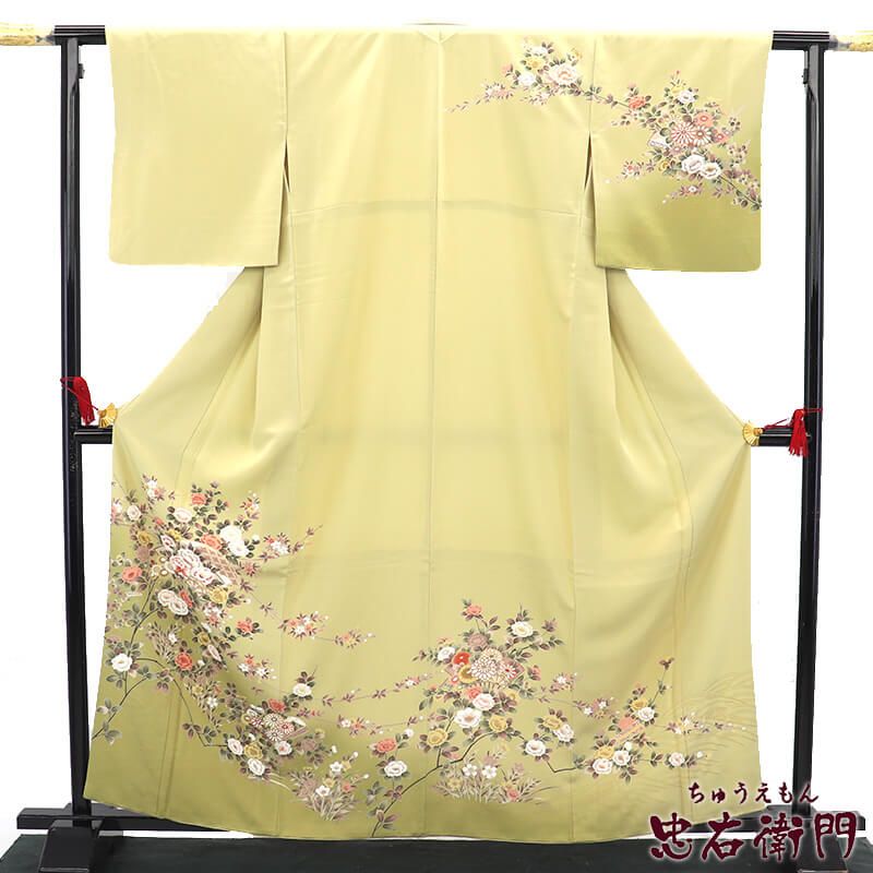 訪問着 袷 レディース 正絹 黄ベージュ 花柄 身丈164.5cm 裄丈65cm 式典 入学式 卒業式 七五三 Mサイズ相当