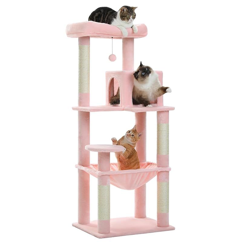 PETEPELA ぺテぺラ キャットタワー スリム コンパクト 大型猫 猫タワー 据え置き置き型 省スペース ハンモック 見晴台 人気 ボンボン 天然麻紐 爪とぎ シンプル 運動不足解消 多頭飼い - ピンク L 高さ143cm 0