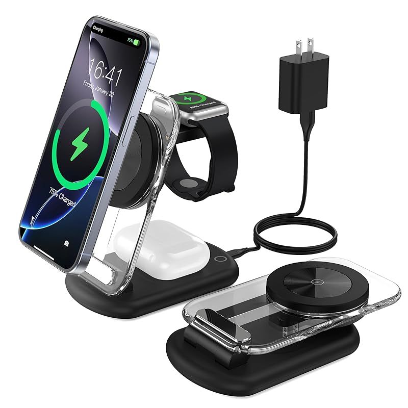 RoRoSkin ワイヤレス充電器 3in1 折り畳み式 Mag Safe充電器 マグセーフ充電器 角度調整可能 雰囲気ライト付き Phone/iWatch/ワイヤレスイヤホンに対応 3台同時充電 旅行用 自宅用 携帯充電器 iWatch iPhone 1 1
