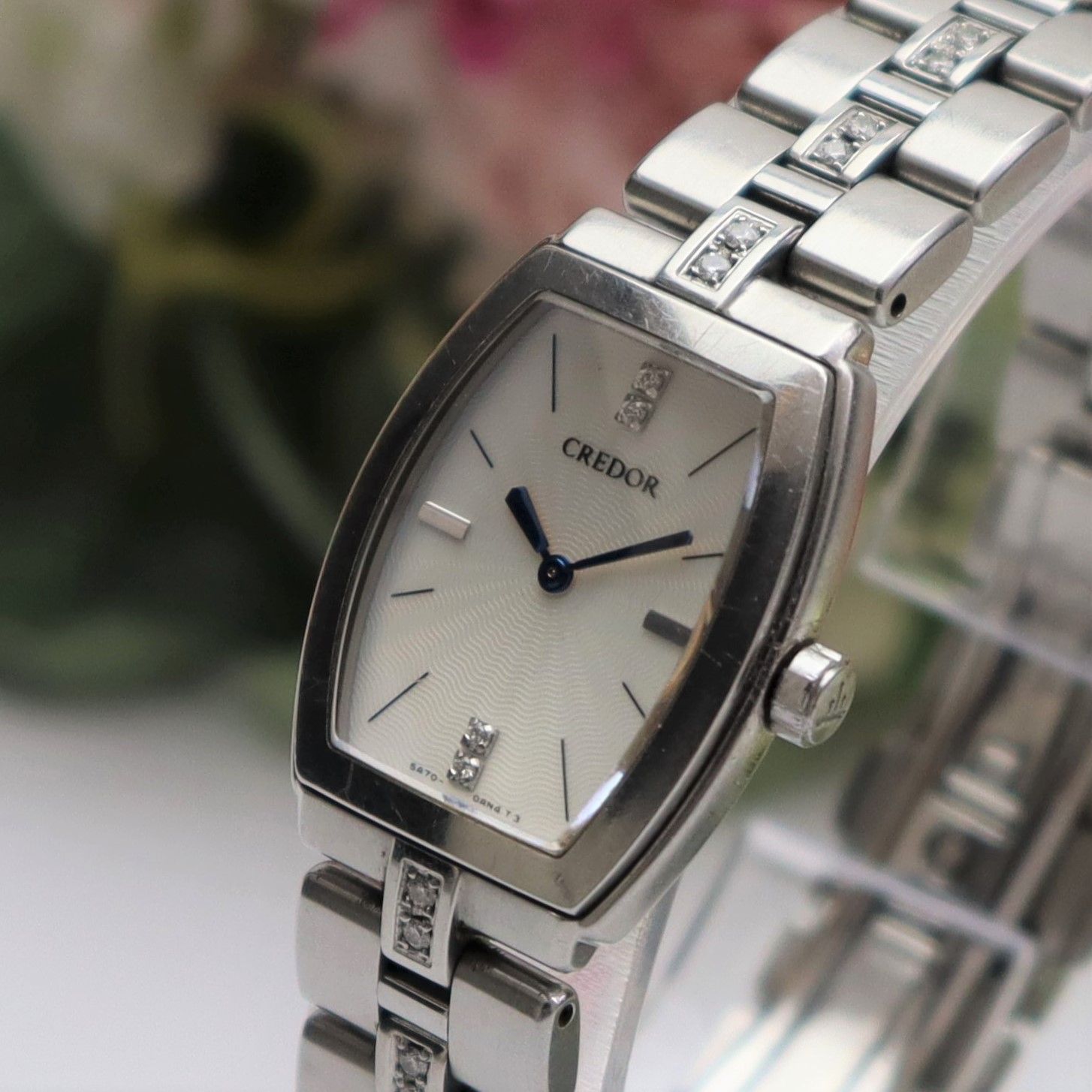 セイコー クレドール アクア 5A70-0AF0 クオーツ 4Pダイヤ白文字盤 12Pダイヤ付純正ブレス レディース腕時計