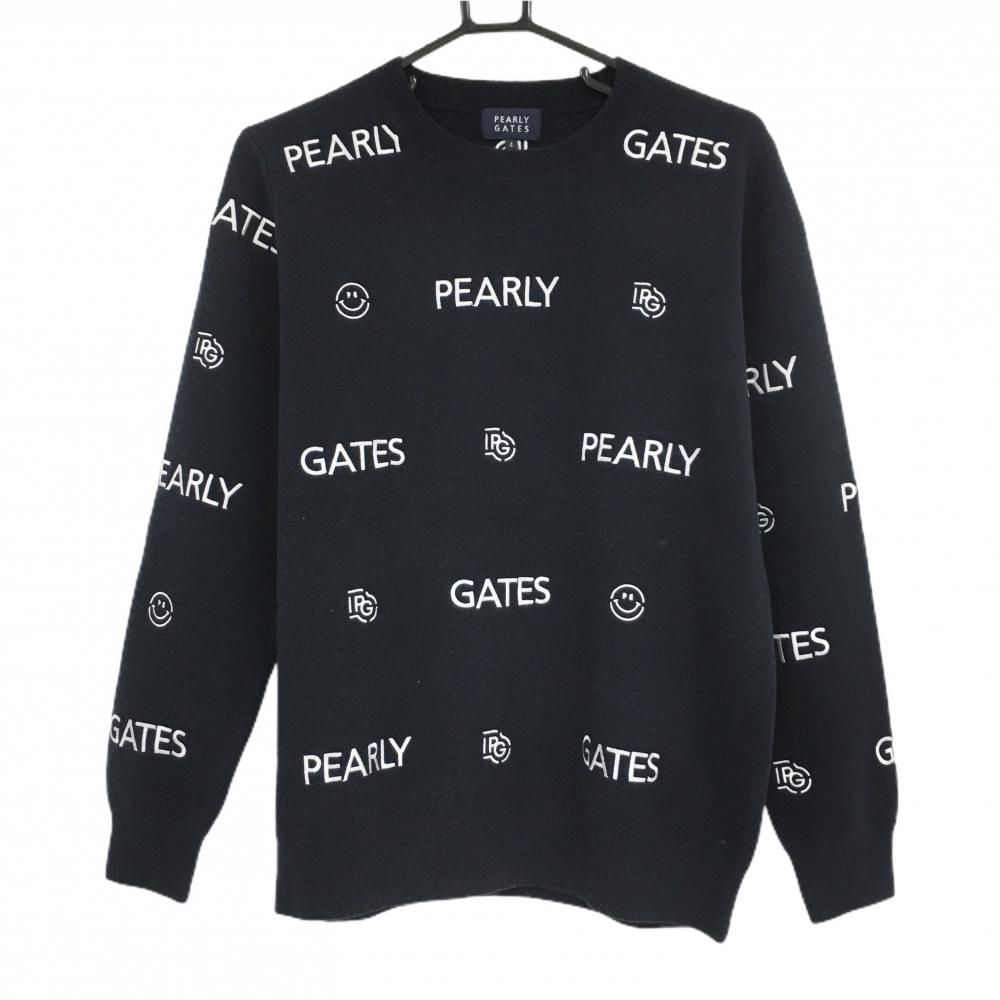 パーリーゲイツ セーター ダークネイビー×白 刺しゅう総柄 ニコちゃん スマイル ニット メンズ 4 M ゴルフウェア PEARLY GATES