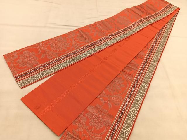 ̮⃝ 本場筑前博多織 更紗 花唐草 半幅帯 正絹 本場筑前博多織更紗刺繍藍