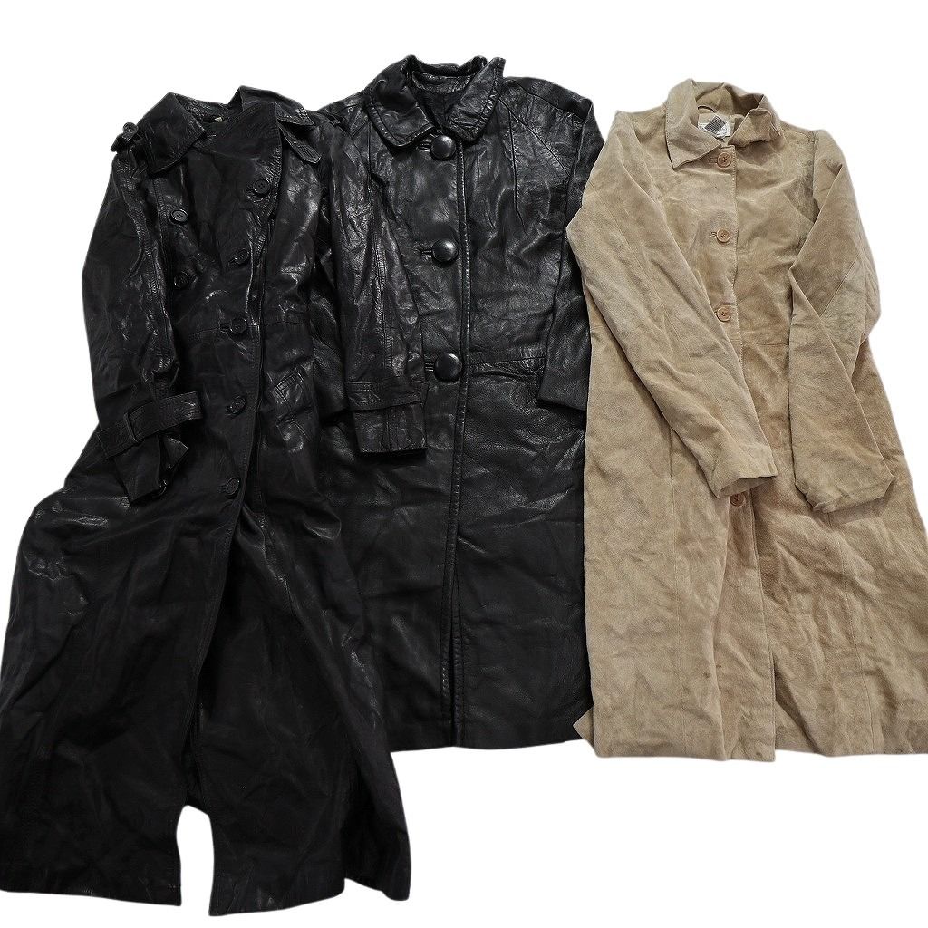 古着卸 まとめ売り レザーコート 3枚セット (レディース S /M ) ステンカラー ロングコート スウェード ダブルボタン 中古 古着 MX9143