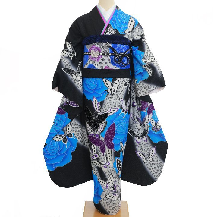 振袖セット　美品　ピンク×黒　バラ　ヒョウ柄　かわいい　かっこいい　個性的 モード 赤/黒 豹柄/レオパード柄/薔薇柄 人とかぶらない ギャル
