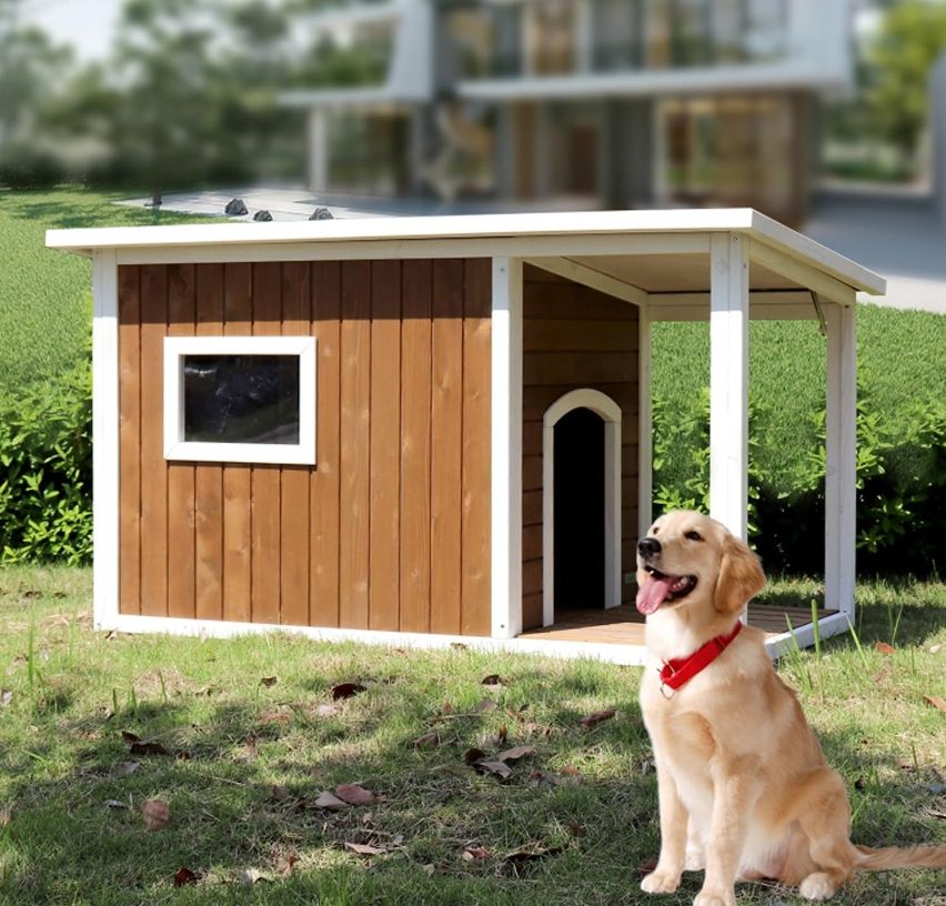 木製犬小屋 屋内用 無垢材アスファルト屋根犬小屋 大型ポーチ付き 小型犬から大型犬まで屋外パティオ用