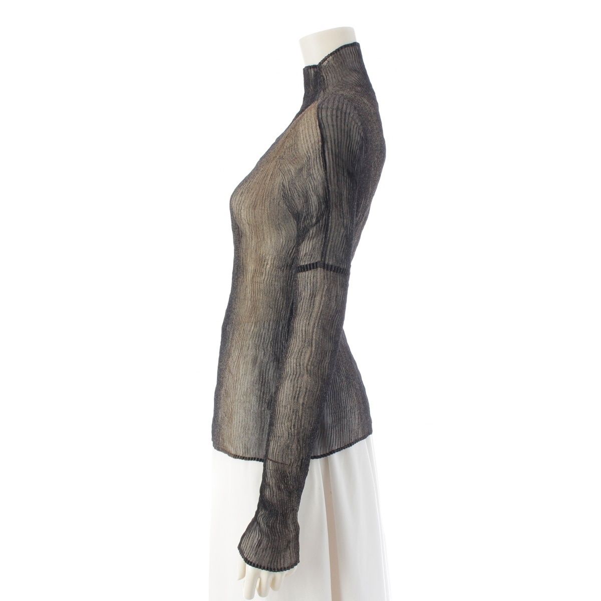 イッセイミヤケ ウネプリーツ モックネック シアー グラデーション スプラッター 長袖 トップス IM93FJ820 ブラック ブラウン オーカー系 2 WWW_MORNINGWALKER_COM