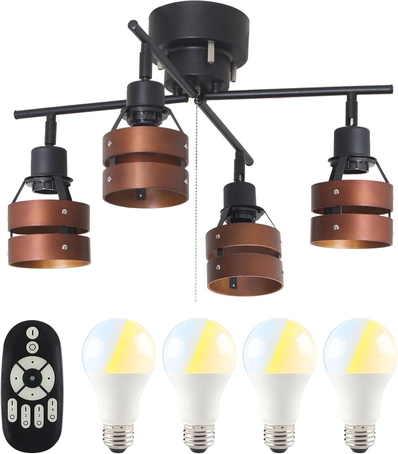 共同照明 シーリングライト 4灯 8畳 シーリングスポットライト 調光 調色 9W LED電球 60W形相当付き GT-DJX-2D-9WT-2 天井照明 リモコン対応 プルスイッチ 北欧 ウッドリング おしゃれ 天然木 ブラウン