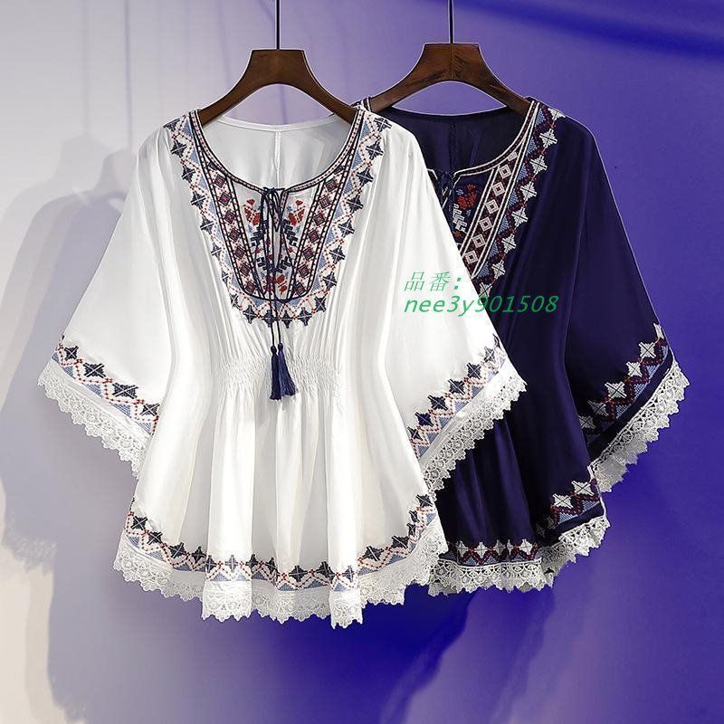 半袖Ｔシャツ森ガール風シャツブラウスエスニック風ナチュラルリネン綿麻ゆったりカジュアルトップス花柄刺繍 エレガント 二点 レディース ブラウス 七分袖 シャツ 花柄刺繍 Tシャツ 綿