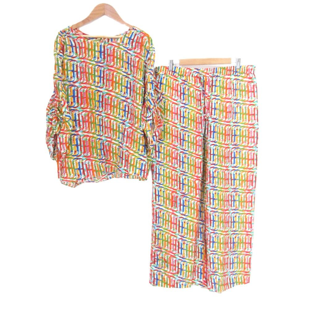 CAROLINA HERRERA キャロライナヘレラ CHマルチ ロゴプリント ブラウス ワイドパンツ セットアップ サイズL マルチカラー レディース 古着