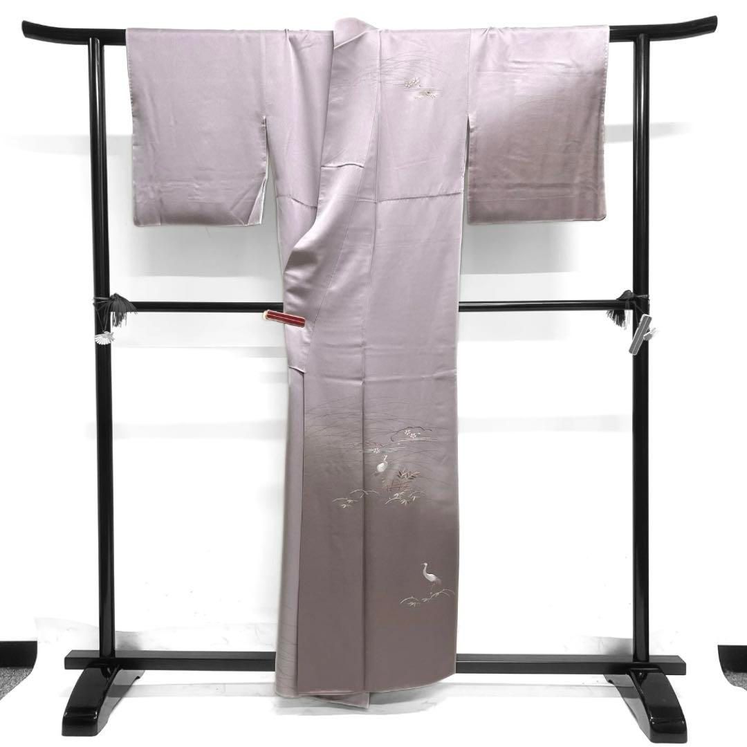 付け下げ 刺繍 金彩 鶴 竹 芝草 桜 雲 着物 044a d 振袖 身丈166cm 裄