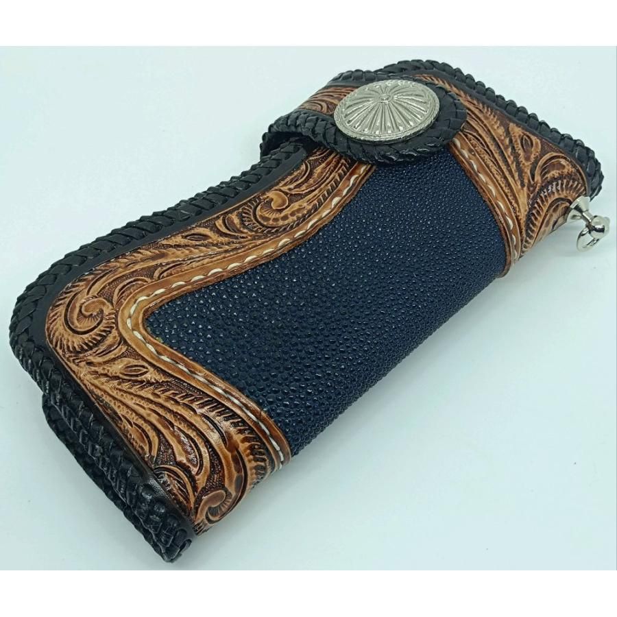 新品 高級ハンドメイド カービングレザー×スティングレイ 長財布 ブルー