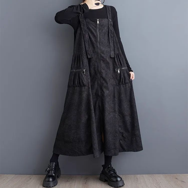 モード系　ファッショナブル　西洋服 　秋　新　大きいサイズ　デザイン　工芸品　ショルダー　ストラップ調節可能　ルーズ　サスペンダードレス