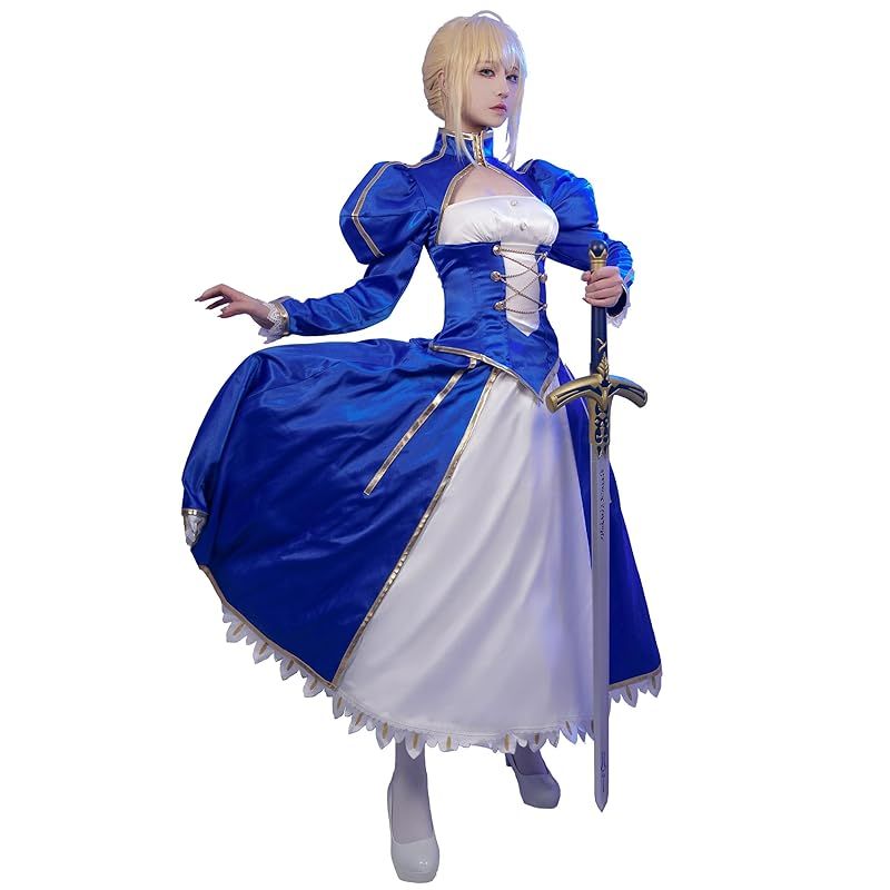 在庫 Miccostumes レディース 大人 アニメ ゲーム 騎士風 戦士風 かわいい キュート 萌え かっこいい コスチューム コスプレ コス 長袖 胸開き ドレス 上下セット 仮装 変身 変装 衣装 ブルー L