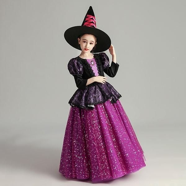 キッズ 子供服 ハロウィン 魔女 ウィッチ 女の子 ワンピース パフスリーブ 長袖 帽子 ロング丈 コスプレ衣装 コスチューム パーティ WWW_SKLAD-KIRPICHA_RU