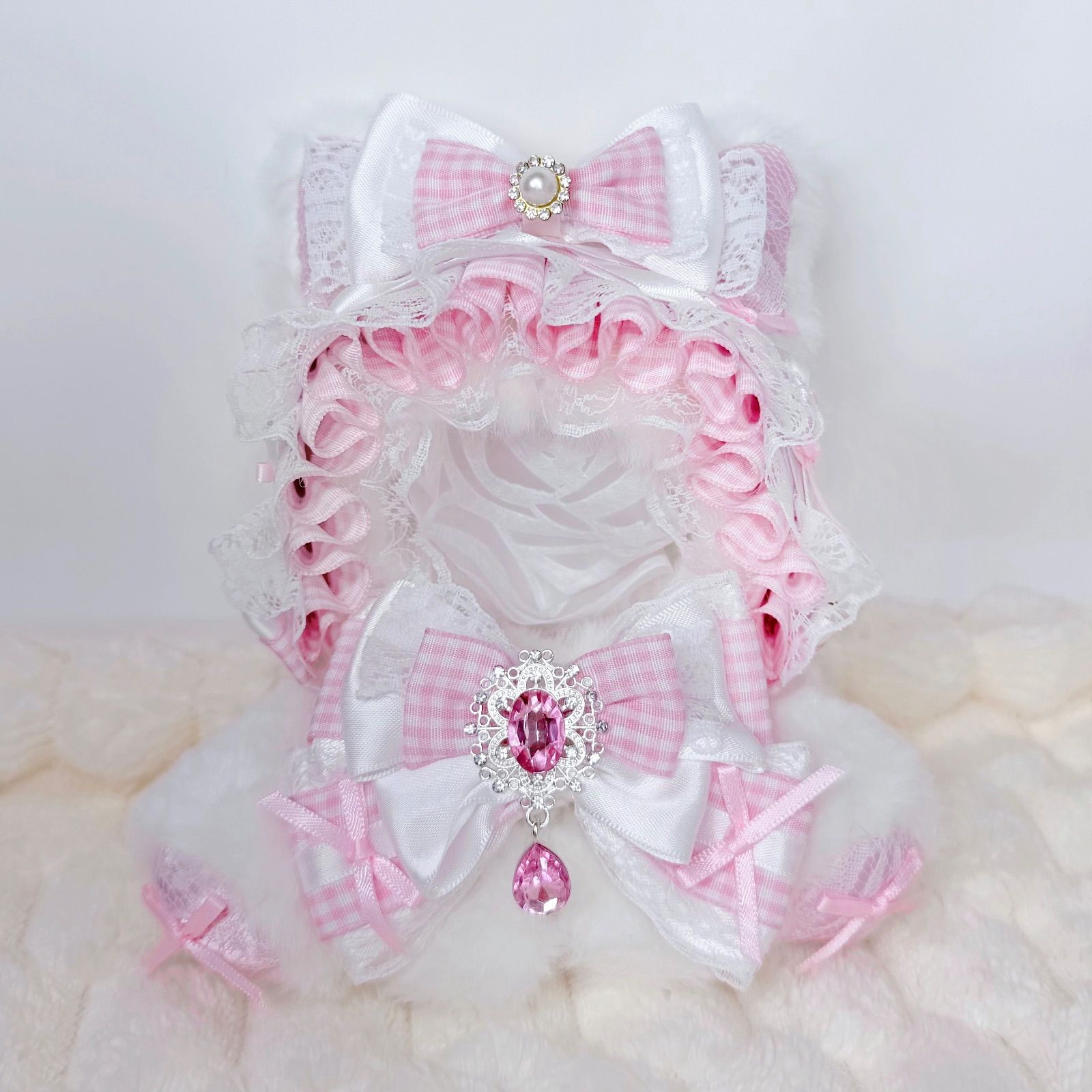 10cm～12cm用 ぬい服 ハンドメイド ネコ耳 ピンク おすわり いつ