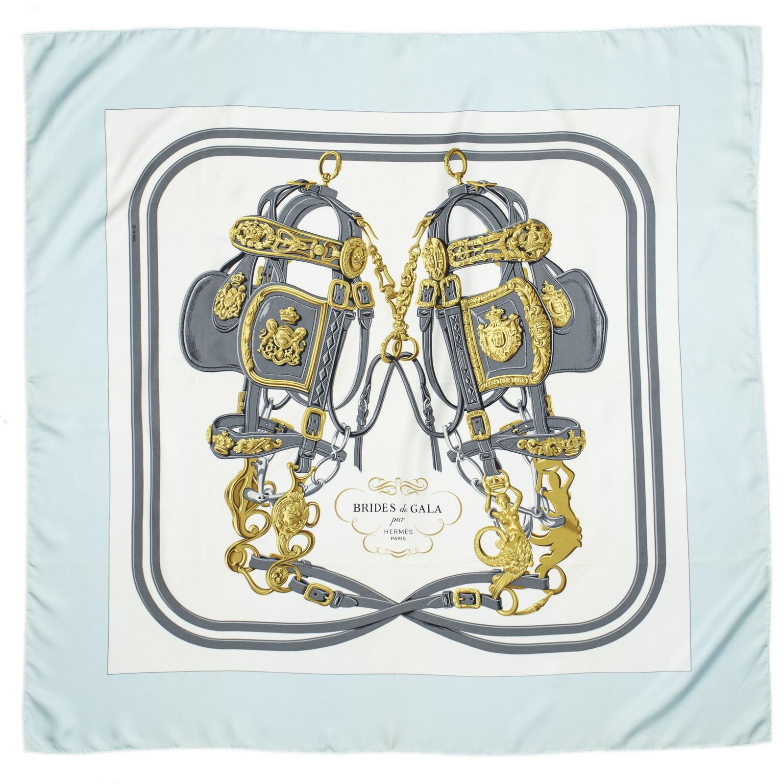 HERMES エルメススカーフミント アイボリー グレー ツイルシルクA