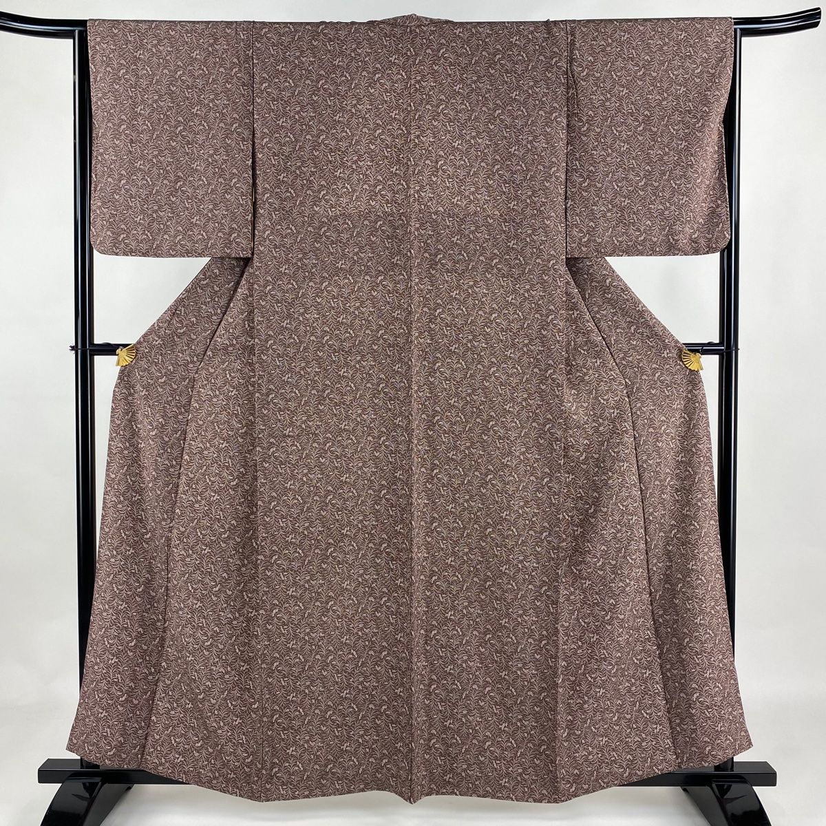 小紋 身丈159.5cm 裄丈64.5cm M 単衣 葉 小豆色 正絹 秀品