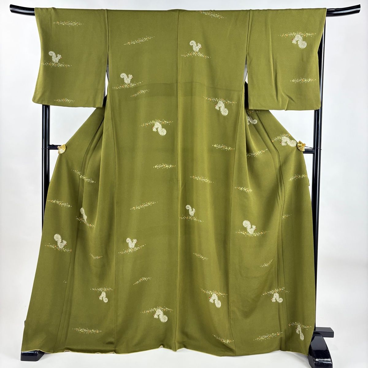 小紋 身丈168.5cm 裄丈68cm L 袷 リス どんぐり 縮緬 茶緑色 正絹 名品