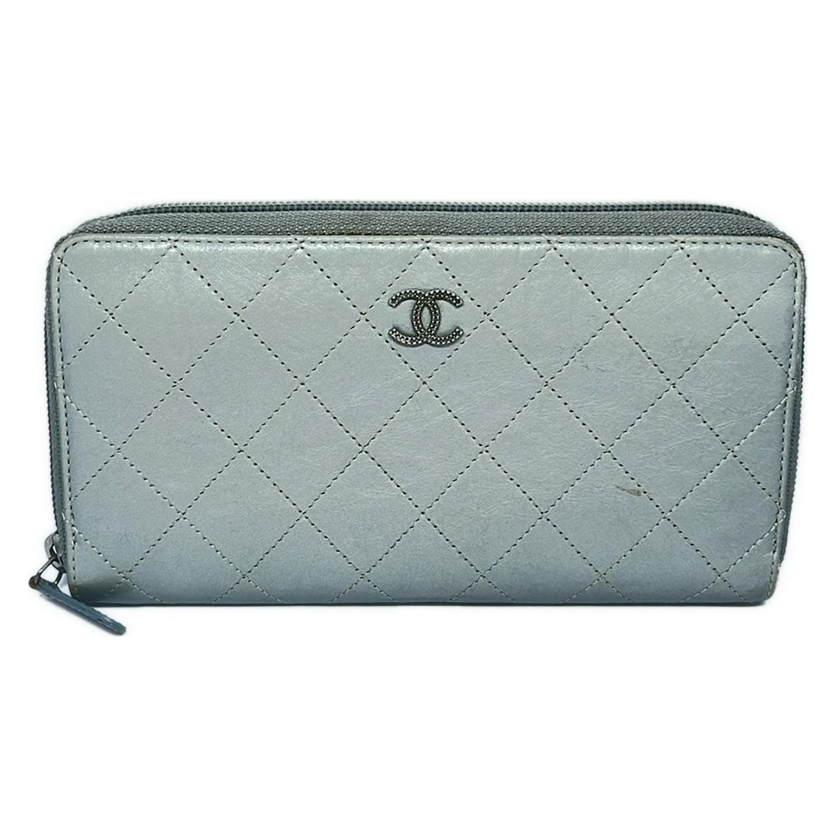 CHANEL シャネル 長財布 マトラッセ シルバー ラウンドファスナー シルバー金具 レザー