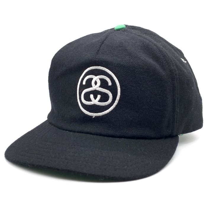 80 s~ STUSSY ステューシー SSリンク刺繡 ウール5パネルキャップ スナップバック ブラック グリーン 黒タグ
