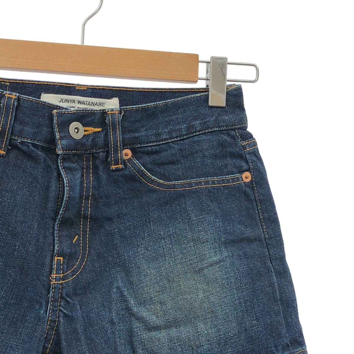 JUNYA WATANABE COMME des GARCONS | ジュンヤワタナベ | 2007AW | 異素材 切替 再構築 ドッキング レザーパッチ カットオフ デニム スカート | SS | インディゴ|ブラック | レディース