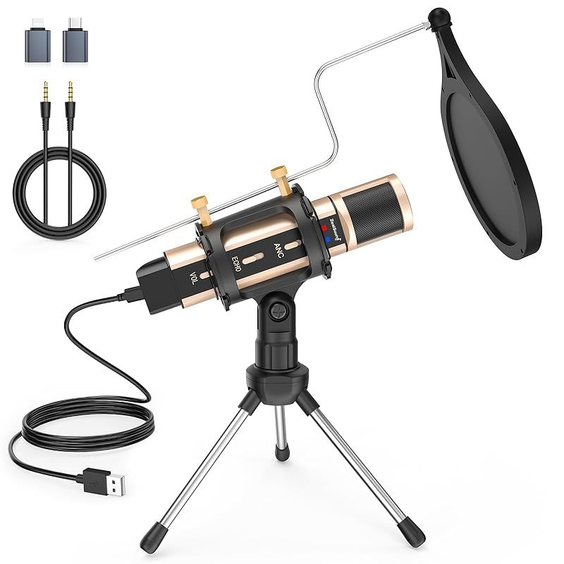 ZealSound 【新版2024】コンデンサーマイク ASMRマイク スマートフォンマイク PC マイクセット USBマイク カーディオイド指向性 音量コントロール エコー プラグ＆プレイ ゲーム実況 ライブ配信 ポットキャスト ストリーミング Skyp 1