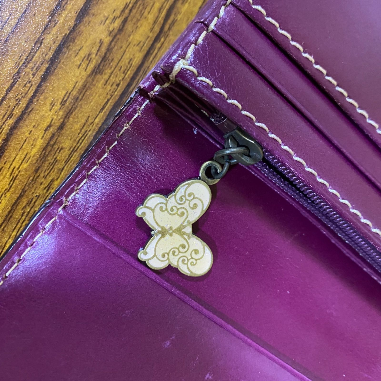 55 ANNASUI アナスイ がま口 長財布 花柄 蝶 レザー パープル 