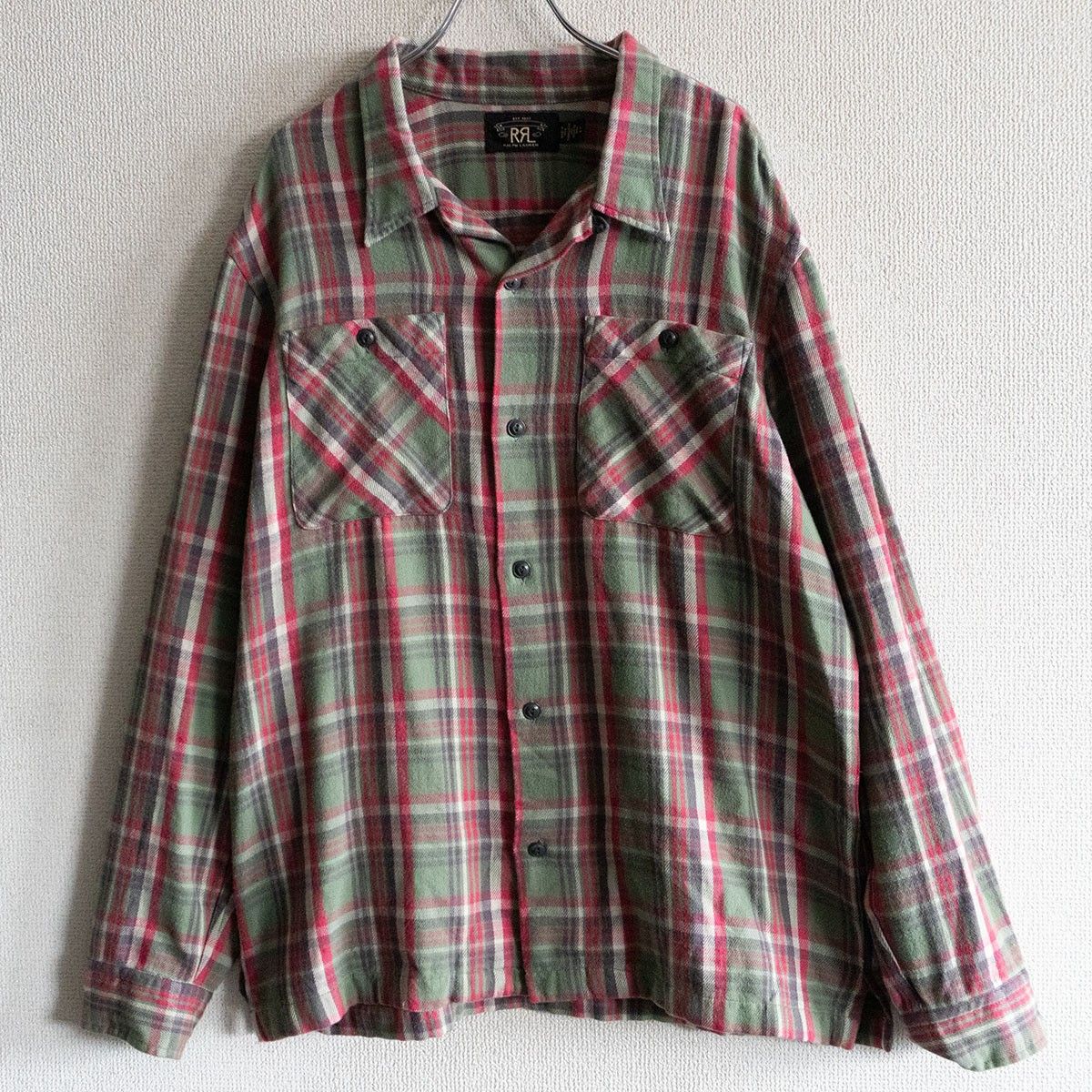 【美品】 ダブルアールエル チェック柄 オープンカラー BOX 美品】RRL【オープンカラー チェックネルシャツ】L ボックス