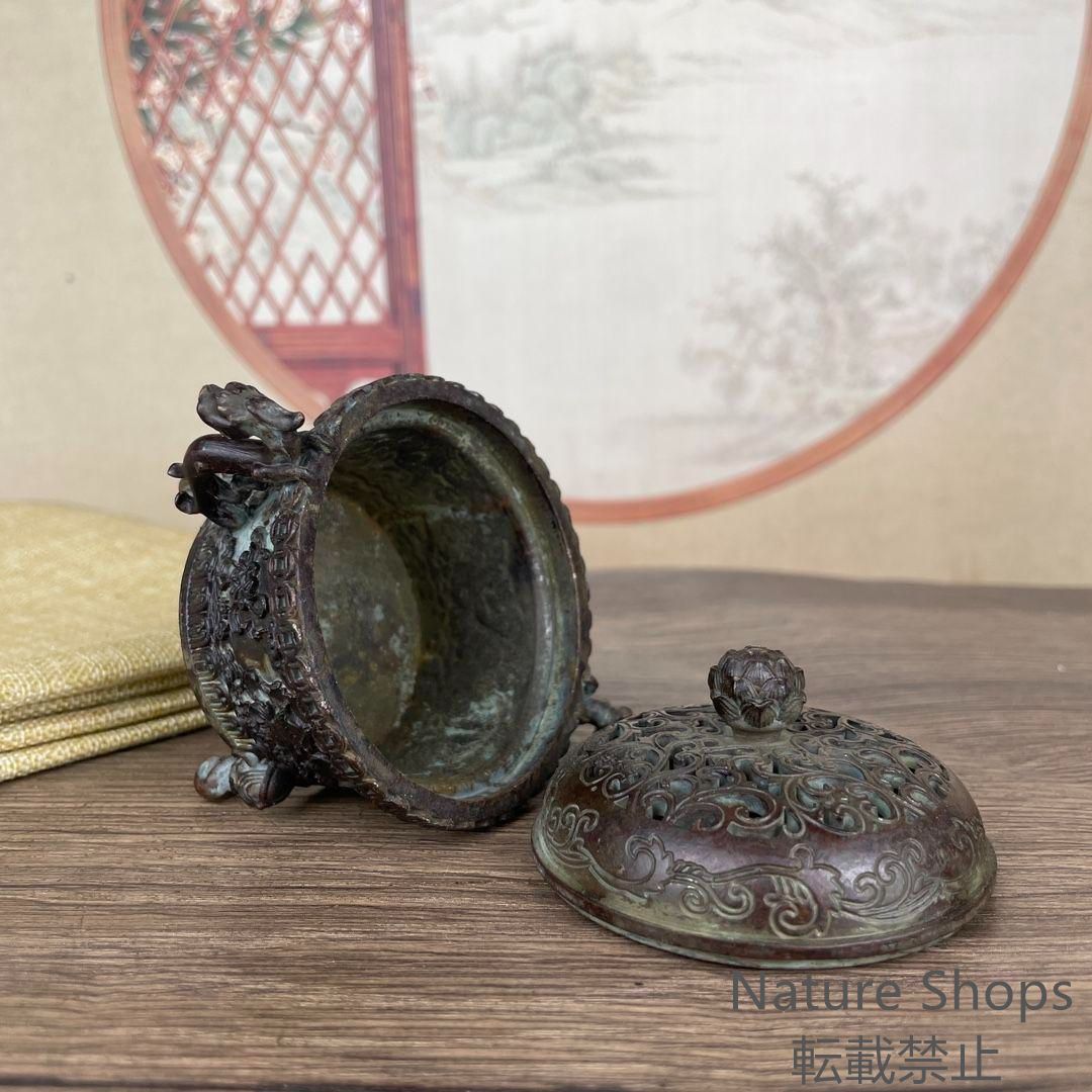 銅製 三獅頂鳳薫香炉 コレクション品 美品薫炉 茶道卓上装飾品 現代