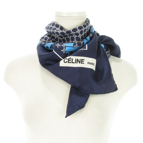 セリーヌ CELINE スカーフ 大判 シルク 絹 ロゴ マカダム柄 総柄 紺