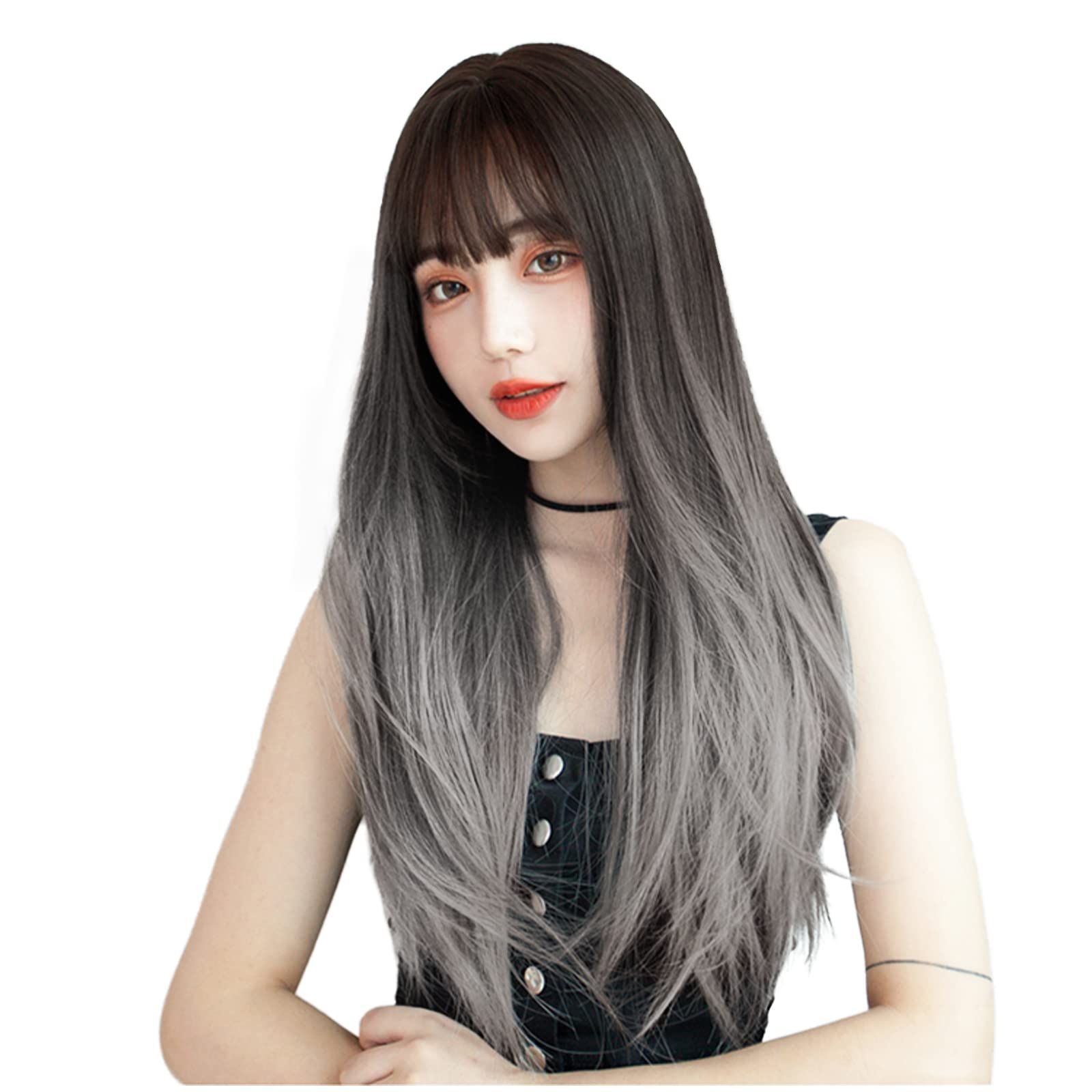 【特価】ロング ストレート かつら フルウィッグ 自然 コスプレ ウィッグ ぱっつん 小顔 人気 耐熱 wig BARSDAR 原宿系 ファッション ネット付き (ブラックブラウン×スモーキーグレー）