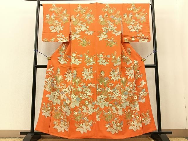 平和屋着物□付下げ 草花文 金彩 鬼しぼ縮緬 正絹 逸品