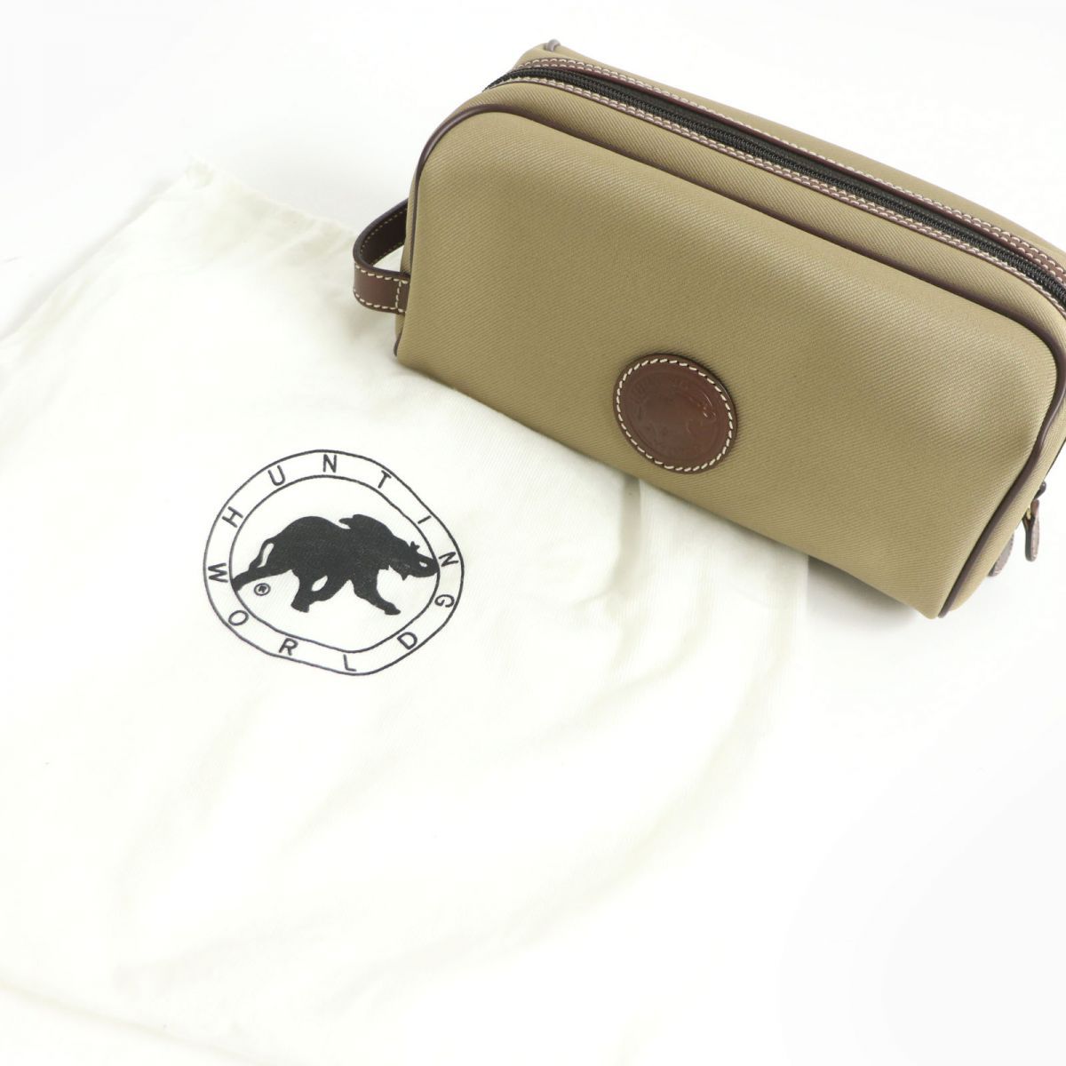 未使用品△伊製 ハンティングワールド サファリトゥデイ レディース レザーロゴワッペン付 レザー使 ハンド/トートバッグ ブラウン×カーキ HUNTING WORLD(ハンティングワールド)のサファリトゥデイ⁄トートバッグ