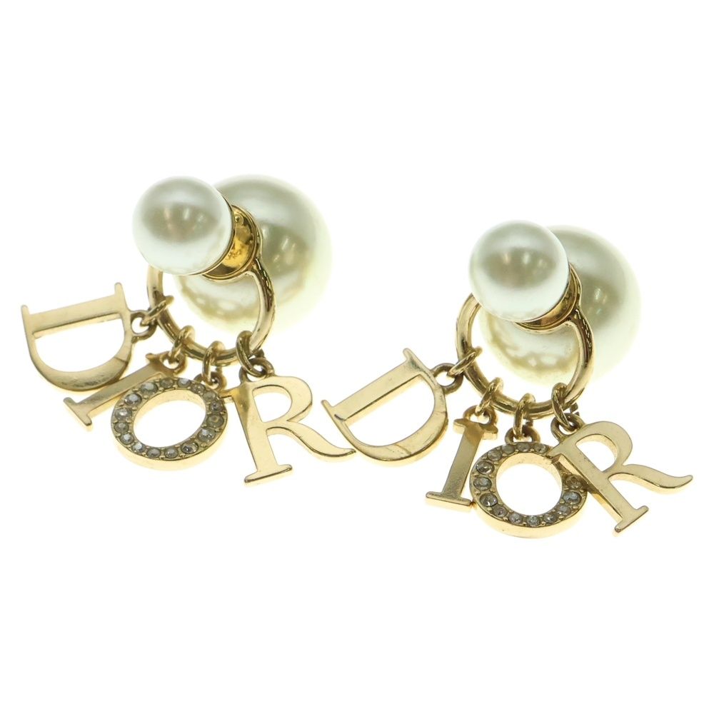 Christian Dior クリスチャンディオール トライバル ロゴ ラインストーン フェイクパール ピアス GP ゴールド E1411TRICY