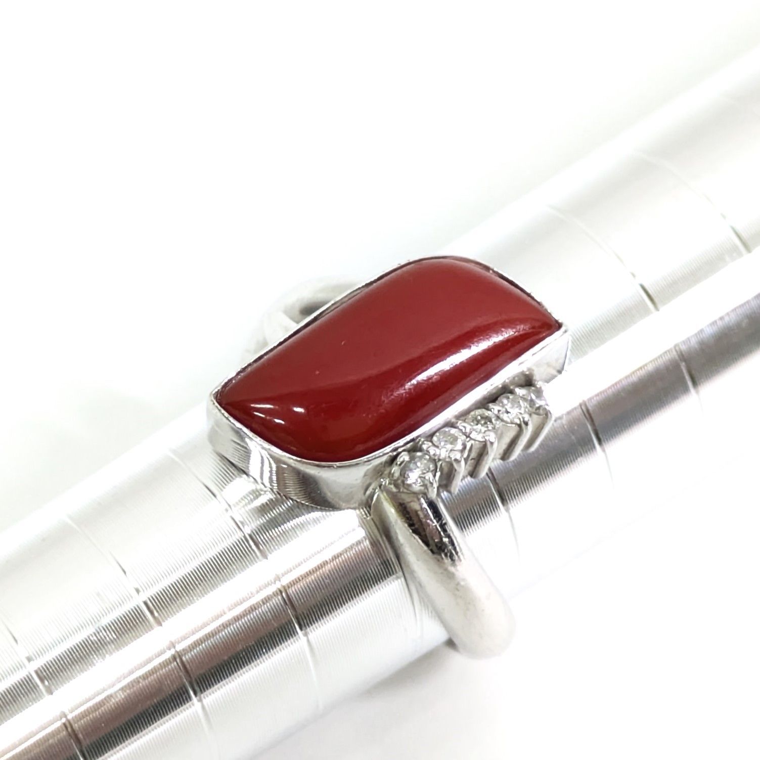 良品 アンティーク 血赤珊瑚 ダイヤ リング 8.2g 指輪 Pt900
